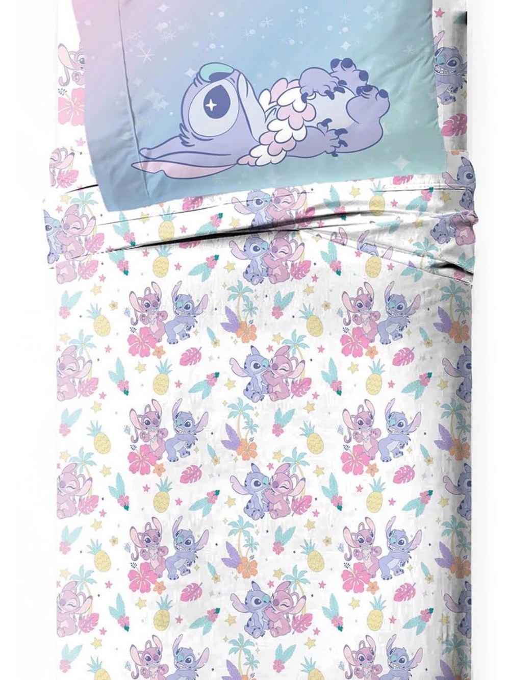 Twin Sized Stitch Printed Bedding Set - Pink & Blue 2 Sheets 3 Pillow Cases